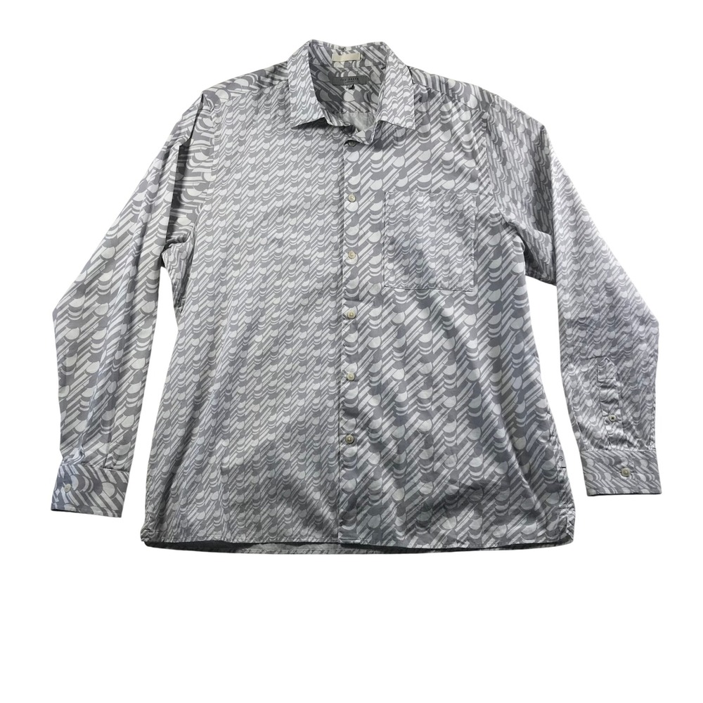 Ted Baker London Mens Grey Geometric Wave Print Cotton Button Down Shirt Size 5